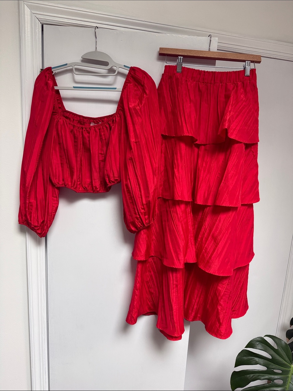Show Me Your MuMu Red Tiered Maxi Skirt + Cropped Peasant Blouse Matching Set